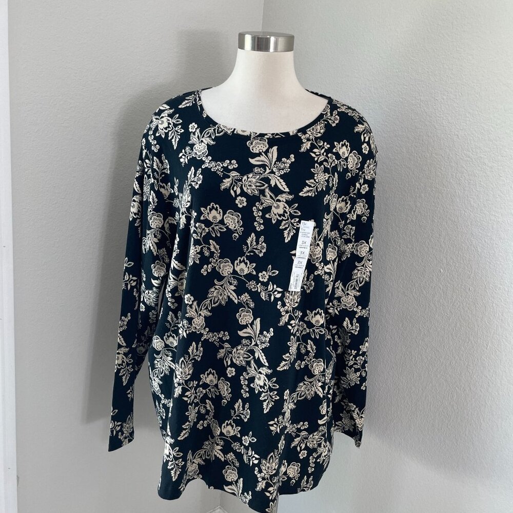 NEW Croft & Barrow Womens Plus 3X Black Floral Long Sleeve Classic Tee Shirt